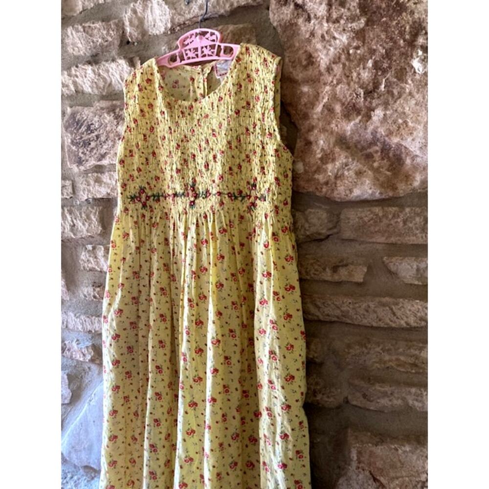 Vintage 90s Girls Yellow Floral Smocked Dress - Size 7/8